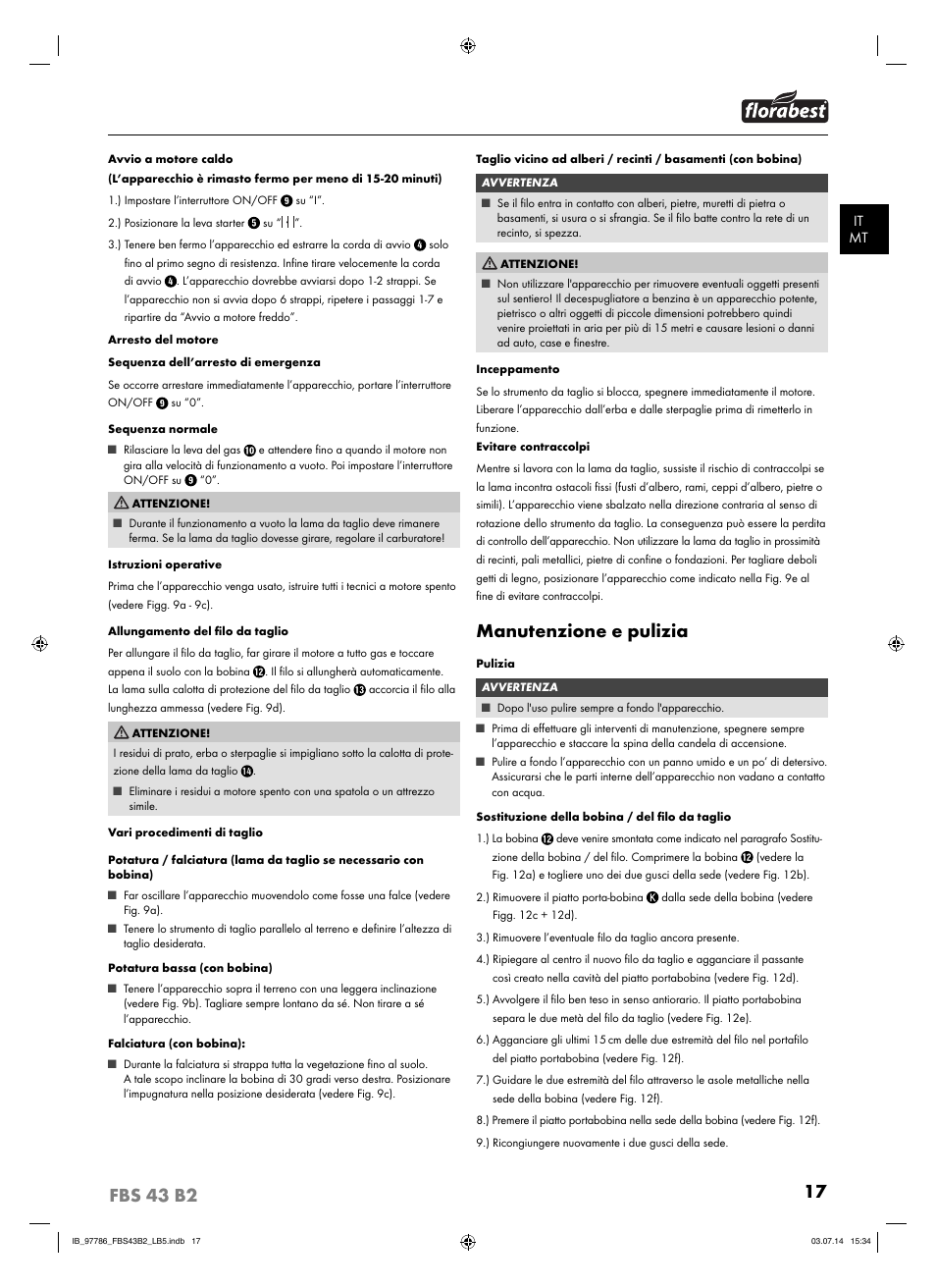 Manutenzione e pulizia | Florabest FBS 43 B2 User Manual | Page 22 / 56