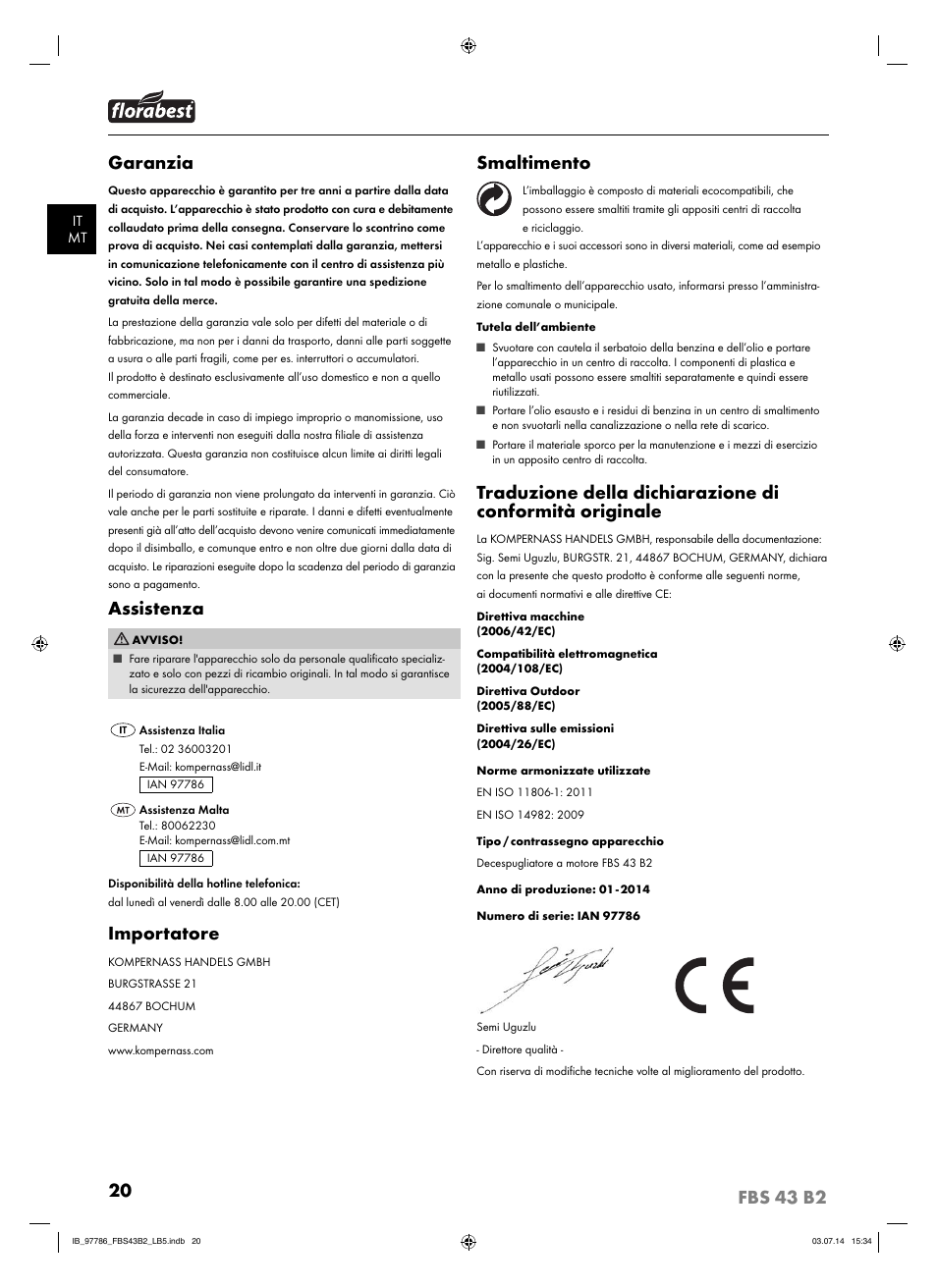 Garanzia, Assistenza, Importatore | Smaltimento | Florabest FBS 43 B2 User Manual | Page 25 / 56