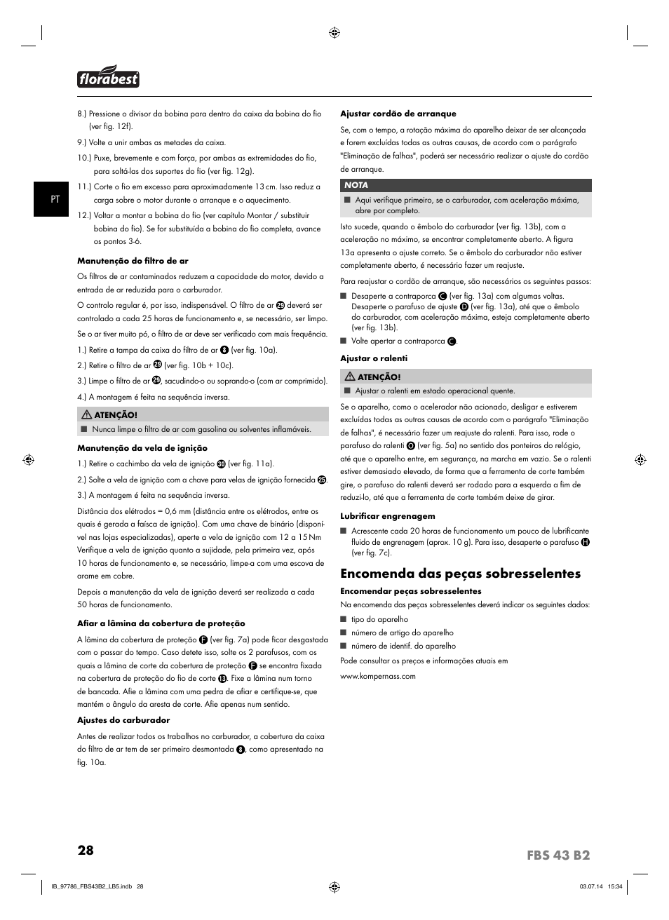 Encomenda das peças sobresselentes | Florabest FBS 43 B2 User Manual | Page 33 / 56