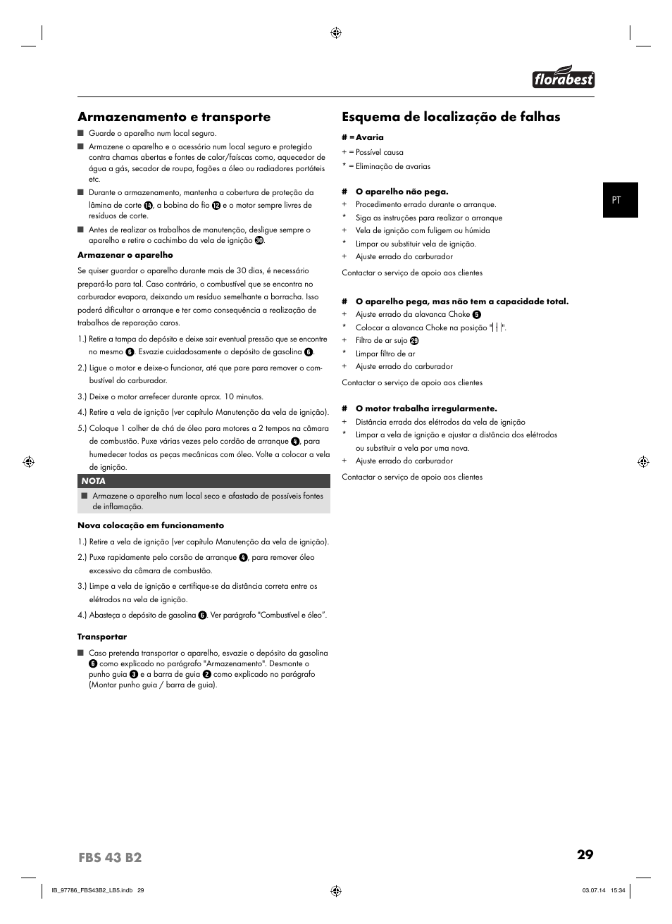 Armazenamento e transporte, Esquema de localização de falhas | Florabest FBS 43 B2 User Manual | Page 34 / 56