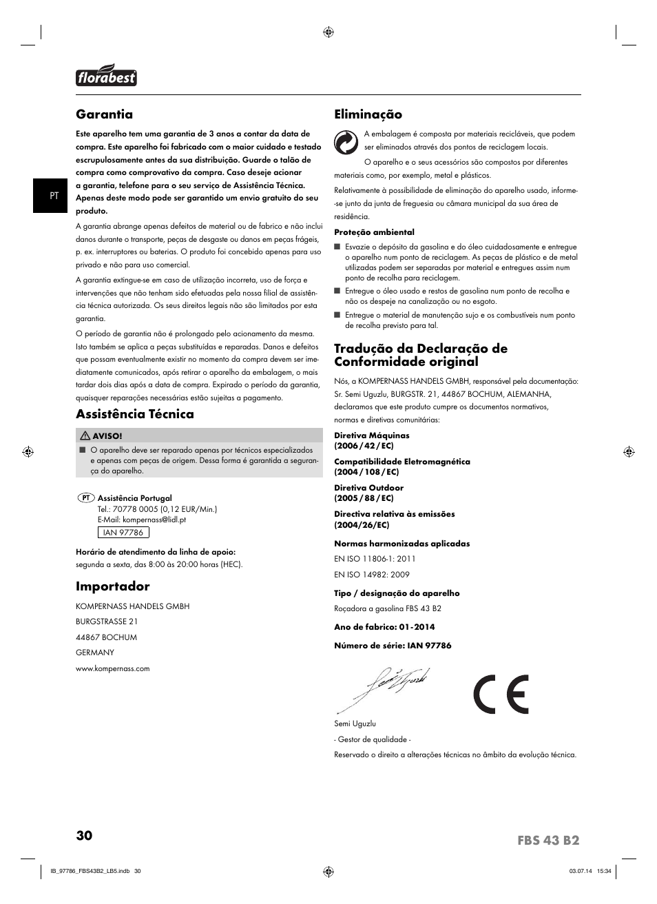 Garantia, Assistência técnica, Importador | Eliminação, Tradução da declaração de conformidade original | Florabest FBS 43 B2 User Manual | Page 35 / 56