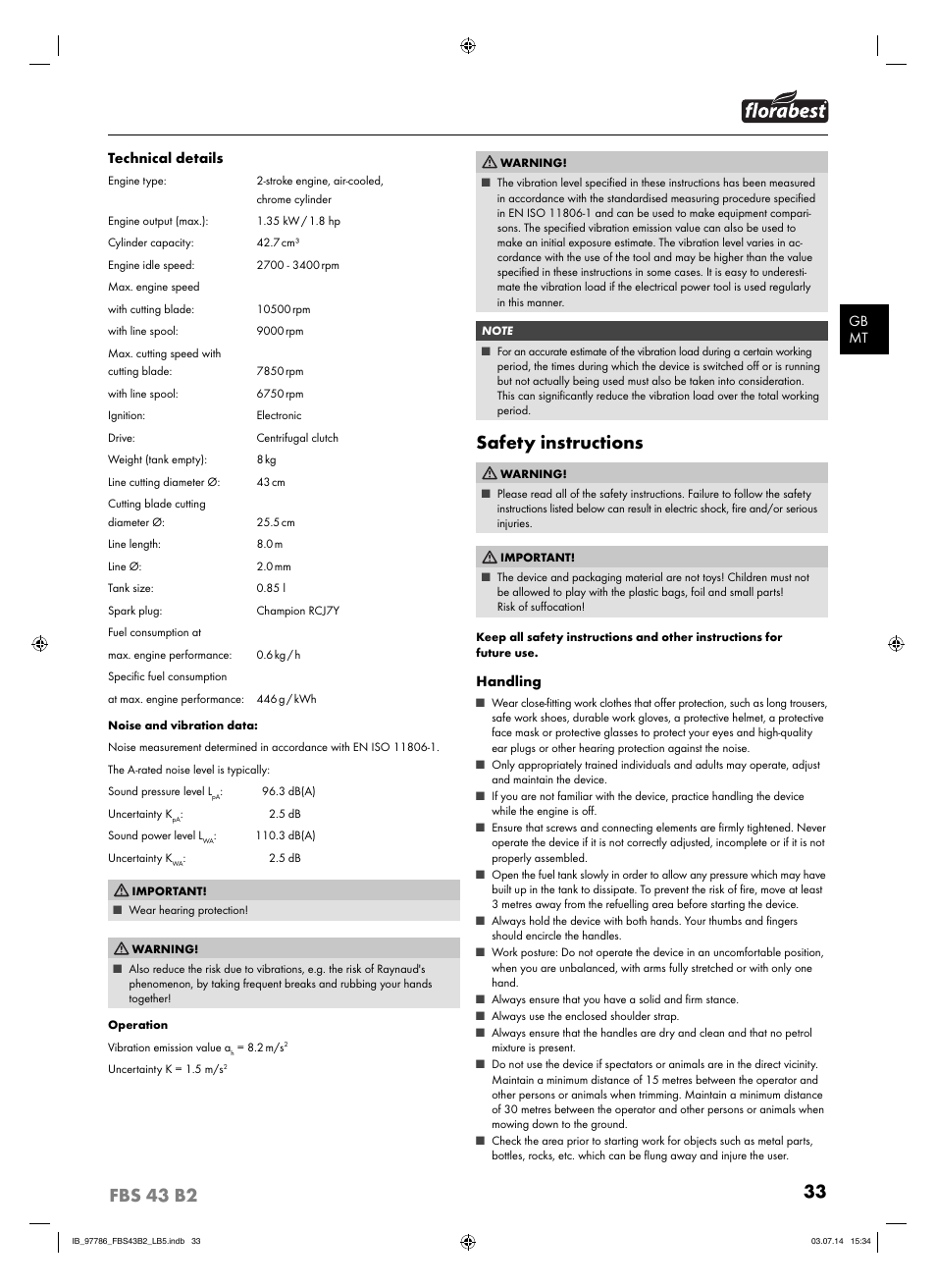 Safety instructions | Florabest FBS 43 B2 User Manual | Page 38 / 56