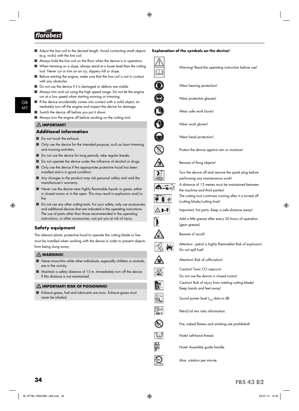 Gb mt, Additional information, Safety equipment | Florabest FBS 43 B2 User Manual | Page 39 / 56