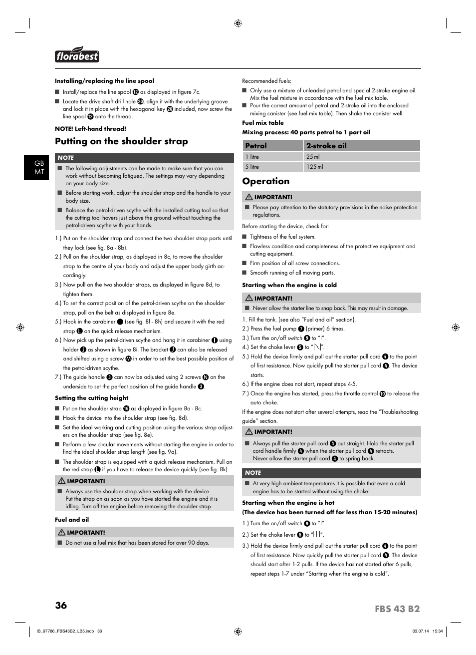 Putting on the shoulder strap, Operation | Florabest FBS 43 B2 User Manual | Page 41 / 56