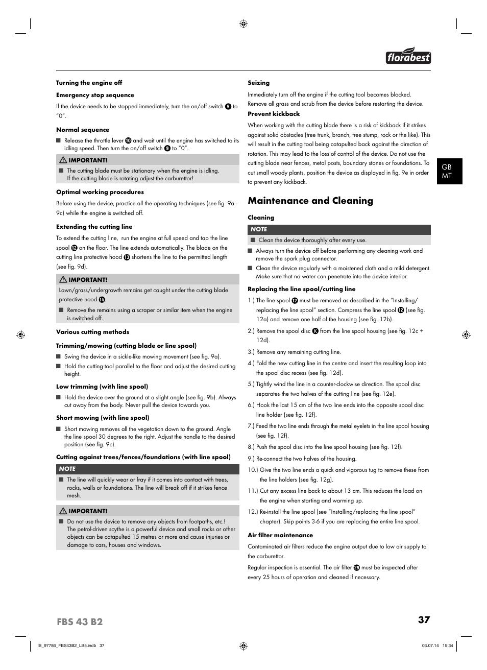 Maintenance and cleaning | Florabest FBS 43 B2 User Manual | Page 42 / 56