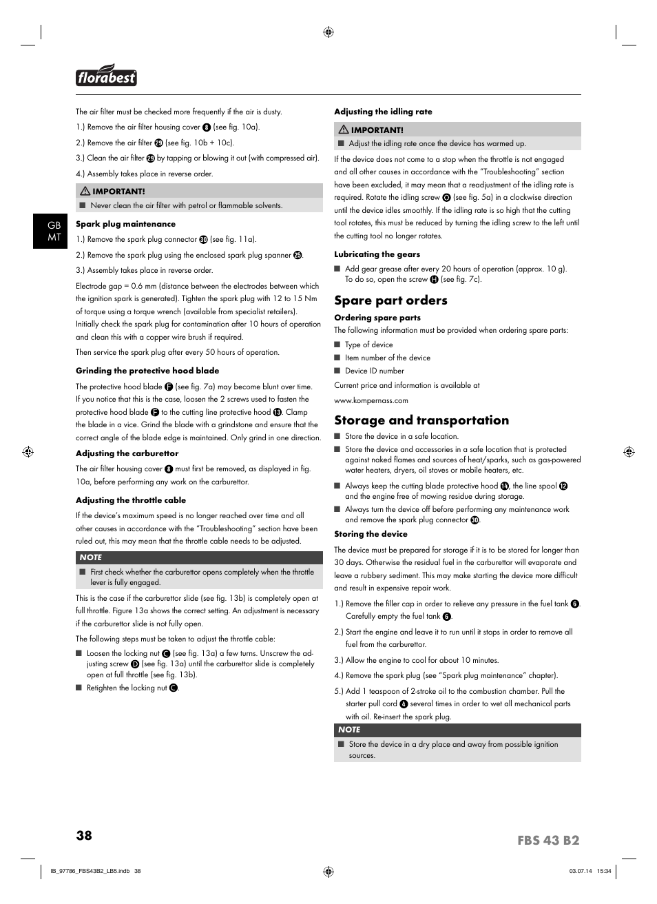 Spare part orders, Storage and transportation | Florabest FBS 43 B2 User Manual | Page 43 / 56