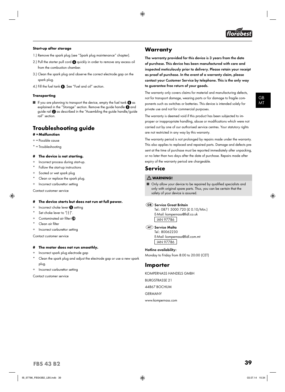 Troubleshooting guide, Warranty, Service | Importer | Florabest FBS 43 B2 User Manual | Page 44 / 56