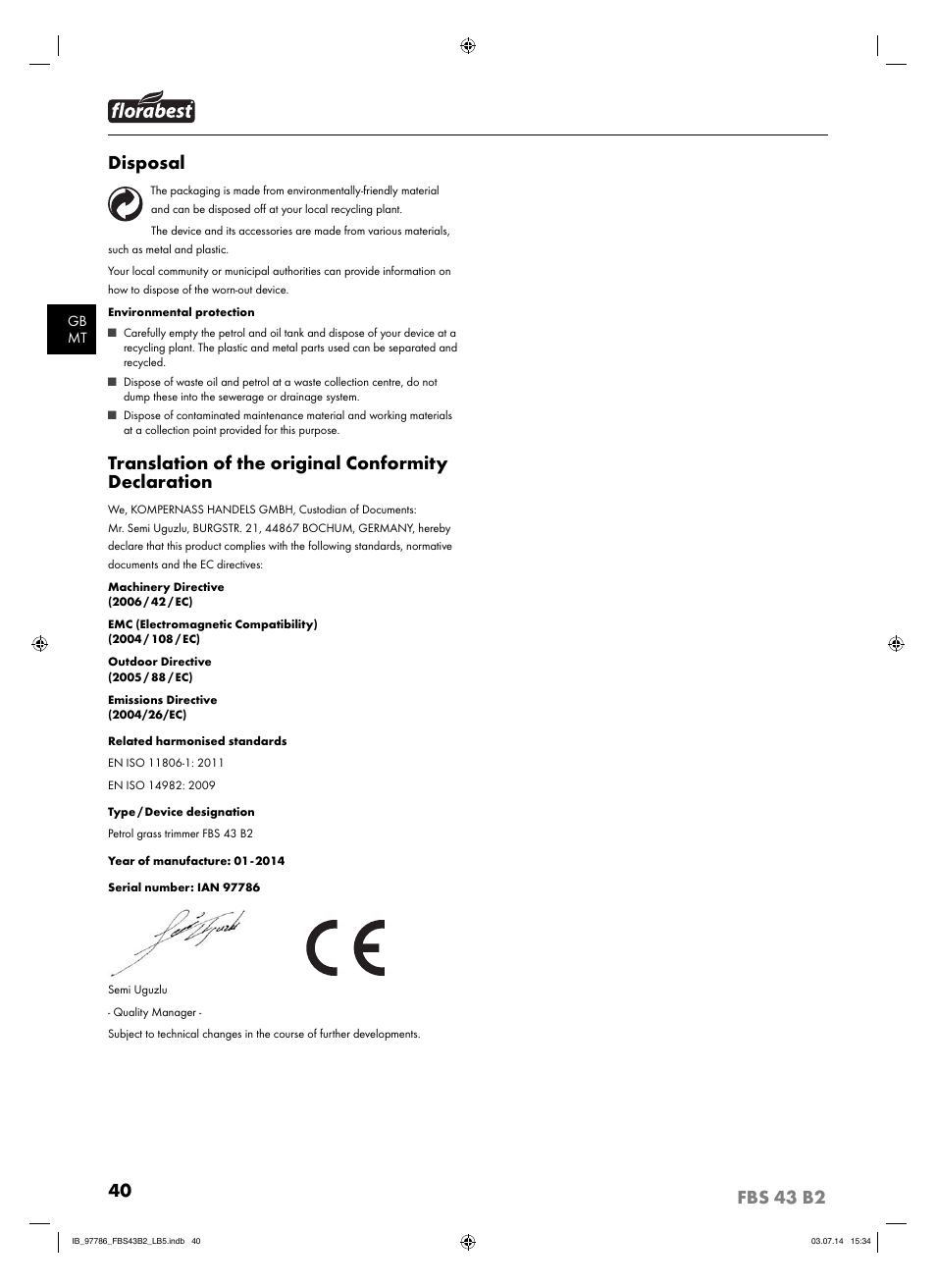 Disposal, Translation of the original conformity declaration | Florabest FBS 43 B2 User Manual | Page 45 / 56