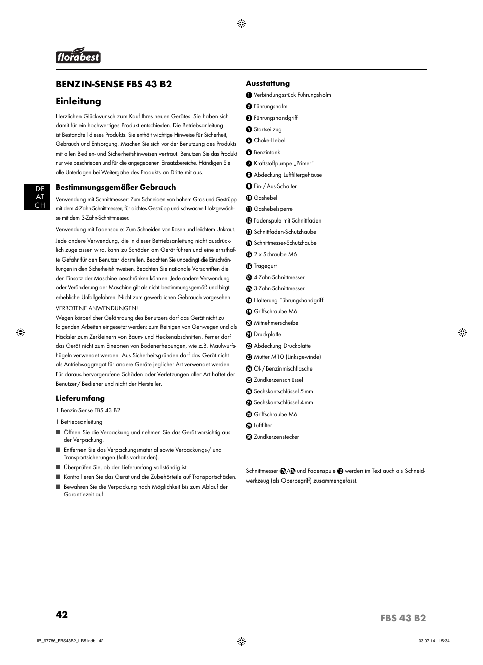 Benzin-sense fbs 43 b2 einleitung | Florabest FBS 43 B2 User Manual | Page 47 / 56