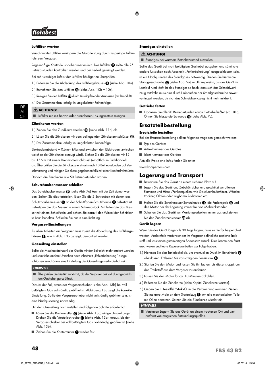 Ersatzteilbestellung, Lagerung und transport | Florabest FBS 43 B2 User Manual | Page 53 / 56