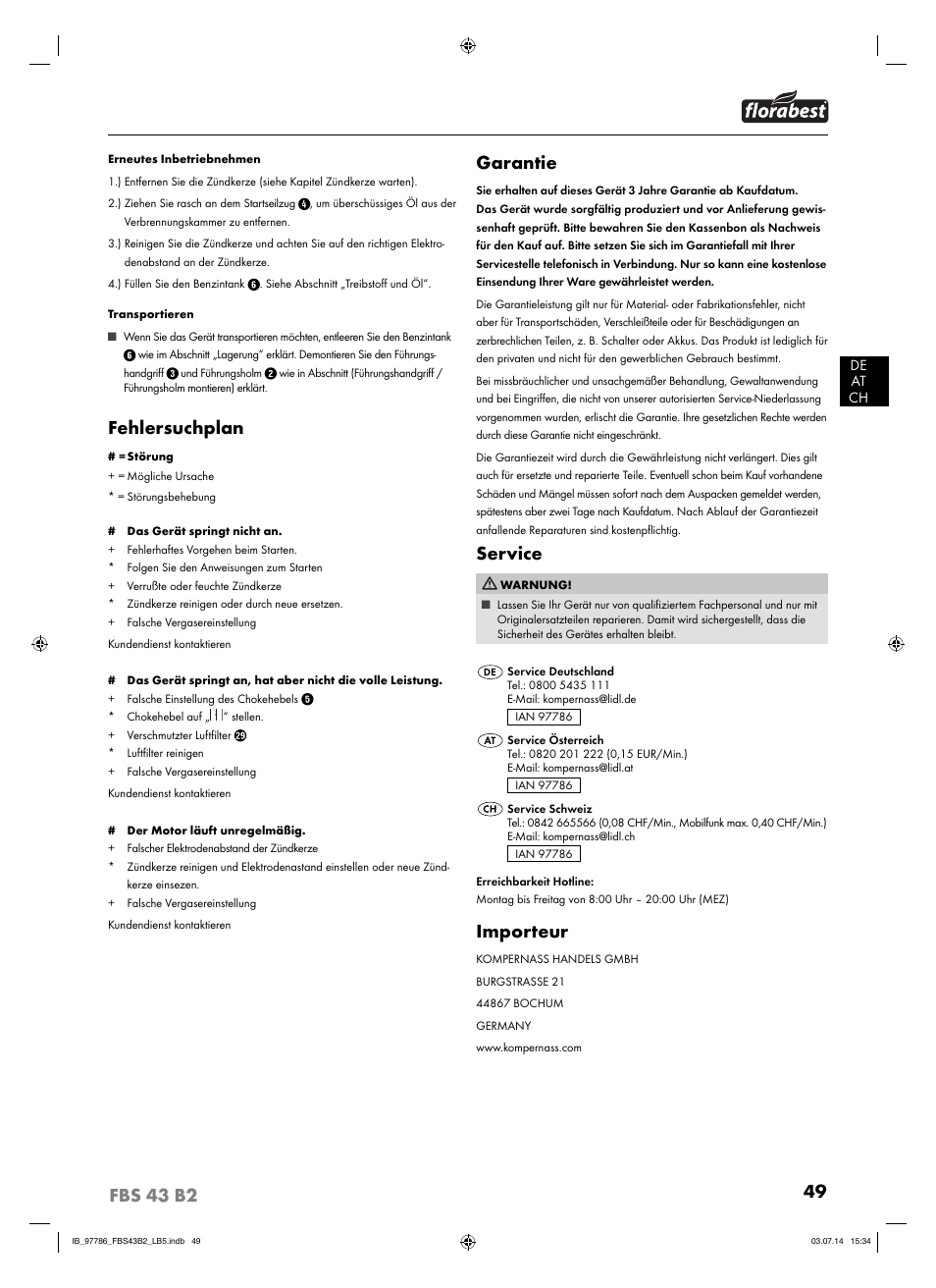 Fehlersuchplan, Garantie, Service | Importeur | Florabest FBS 43 B2 User Manual | Page 54 / 56