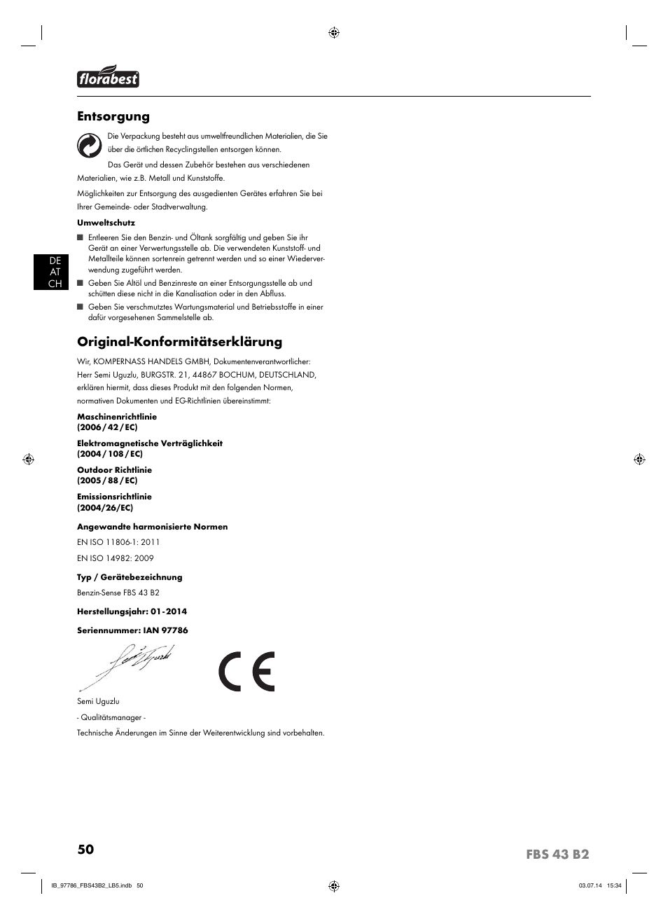 Entsorgung, Original-konformitätserklärung | Florabest FBS 43 B2 User Manual | Page 55 / 56