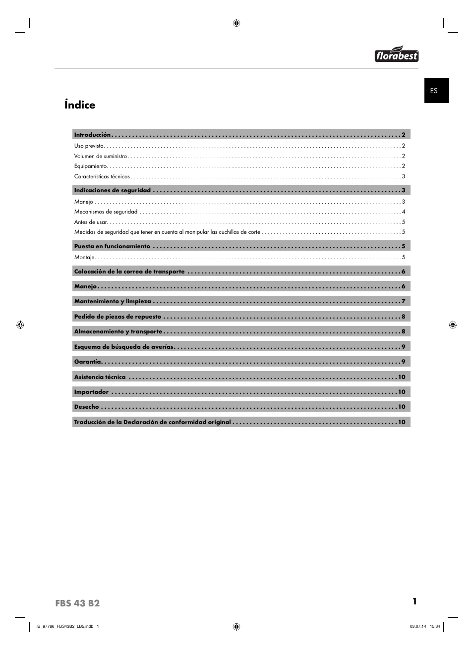 Índice, 1fbs 43 b2 | Florabest FBS 43 B2 User Manual | Page 6 / 56