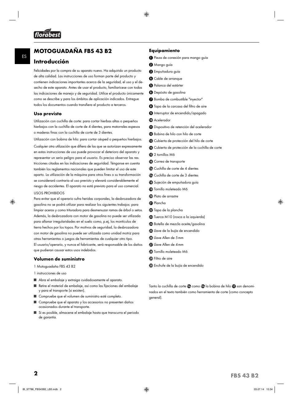 2fbs 43 b2, Motoguadaña fbs 43 b2 introducción | Florabest FBS 43 B2 User Manual | Page 7 / 56