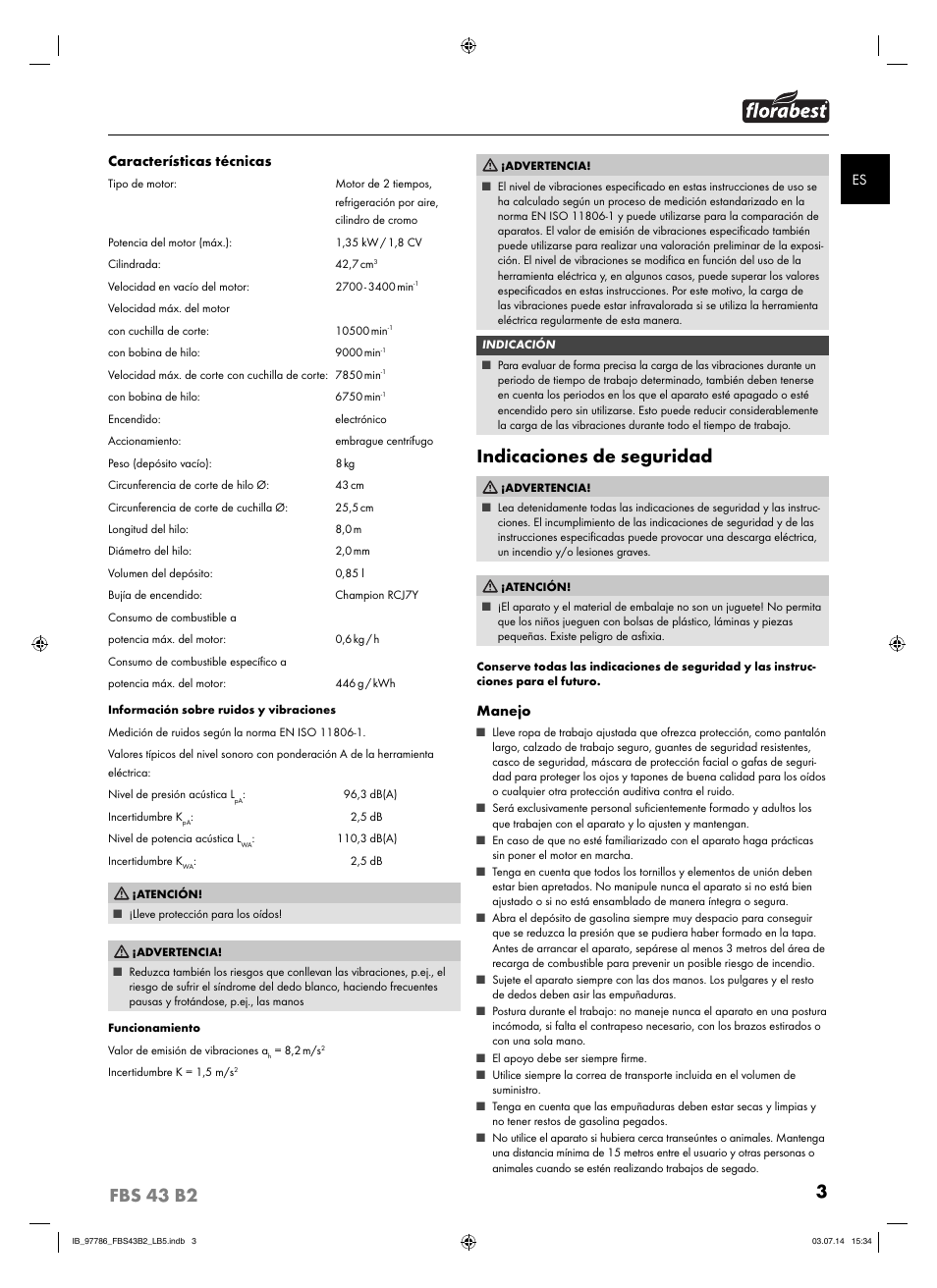 3fbs 43 b2, Indicaciones de seguridad, Es características técnicas | Manejo | Florabest FBS 43 B2 User Manual | Page 8 / 56