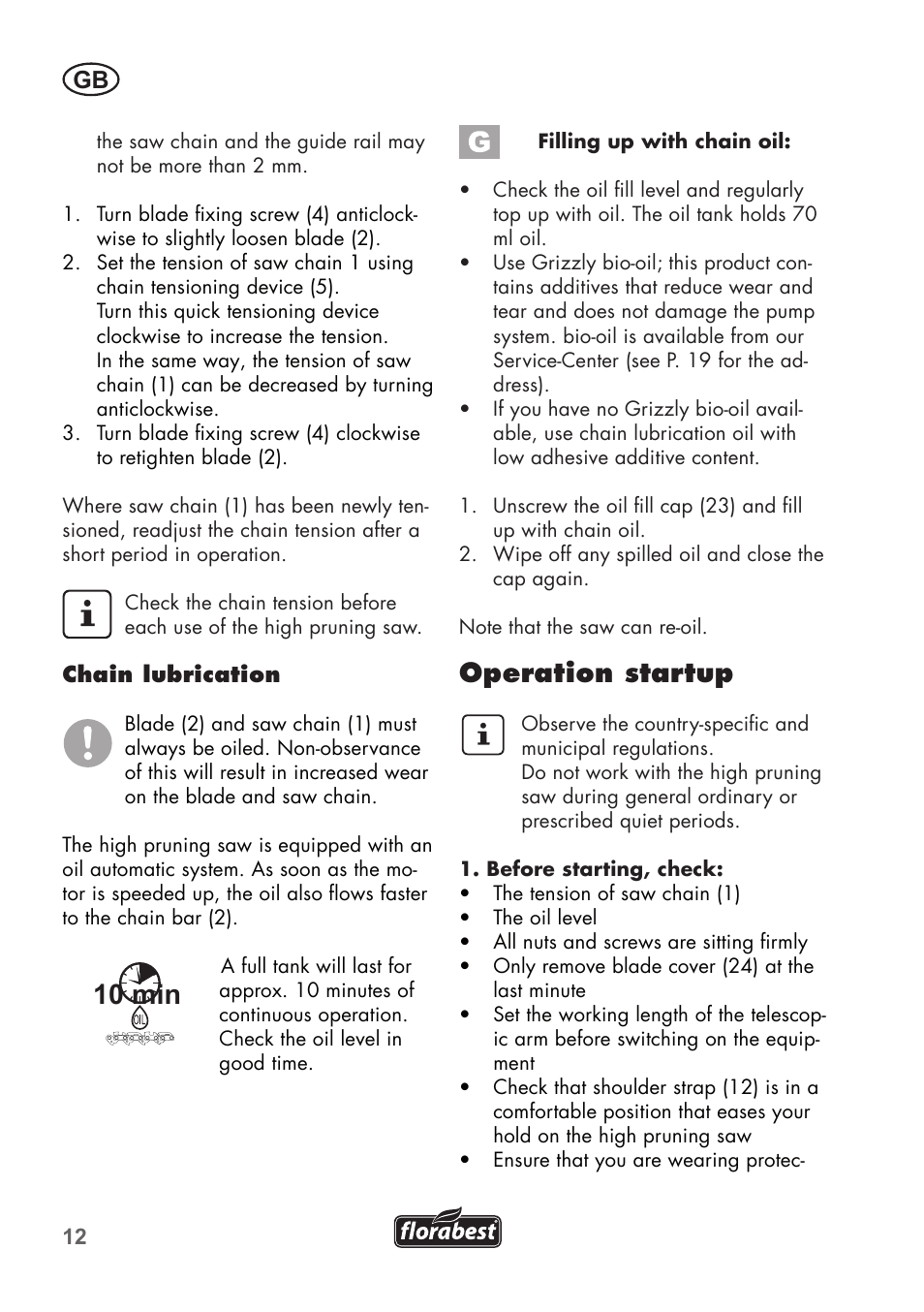 10 min, Operation startup | Florabest FHE 550 B2 User Manual | Page 12 / 108