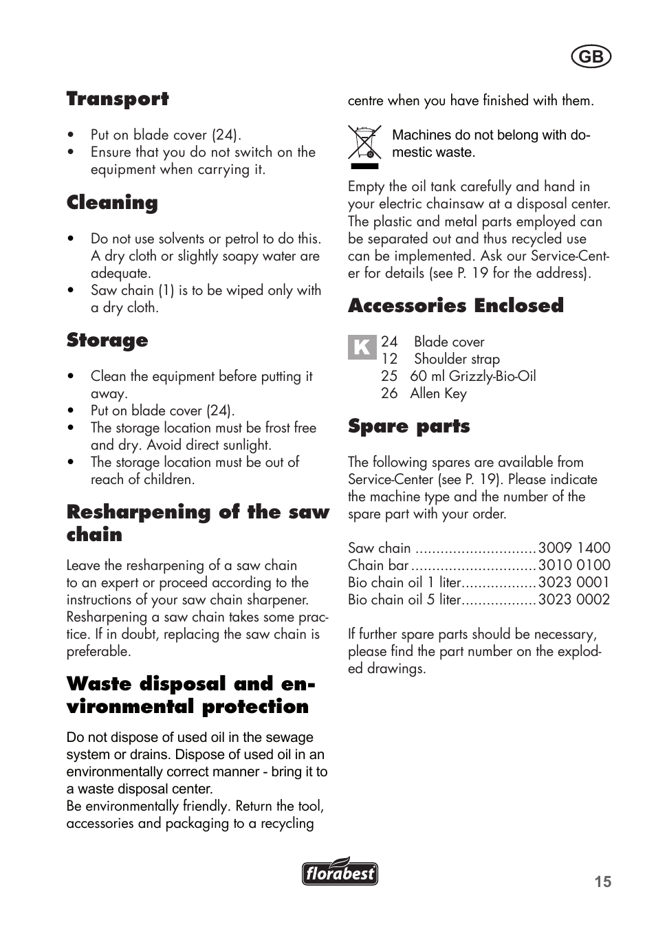 Transport, Cleaning, Storage | Resharpening of the saw chain, Waste disposal and en- vironmental protection, Accessories enclosed, Spare parts | Florabest FHE 550 B2 User Manual | Page 15 / 108