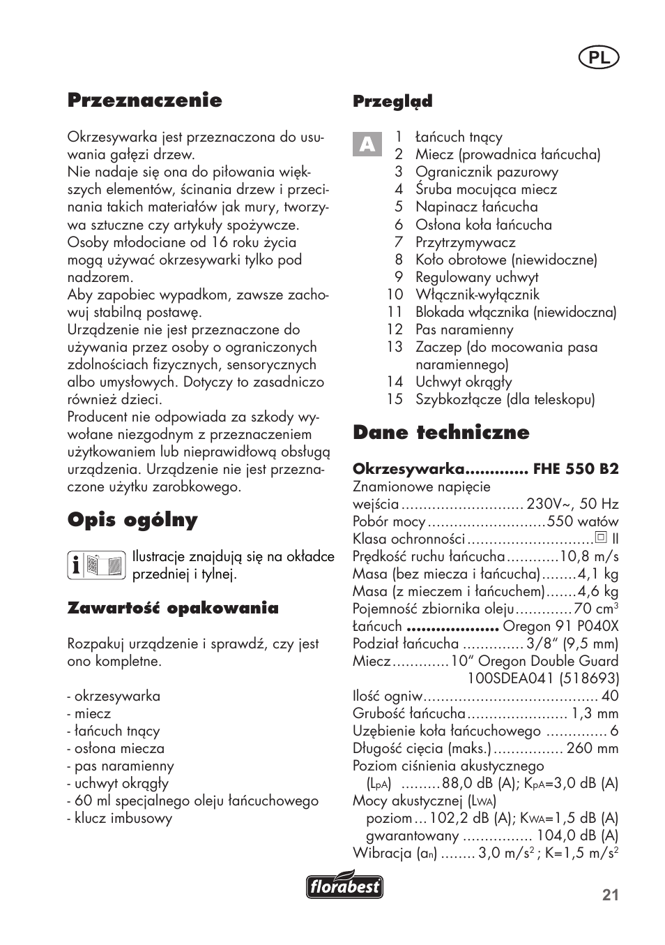 Przeznaczenie, Opis ogólny, Dane techniczne | Florabest FHE 550 B2 User Manual | Page 21 / 108