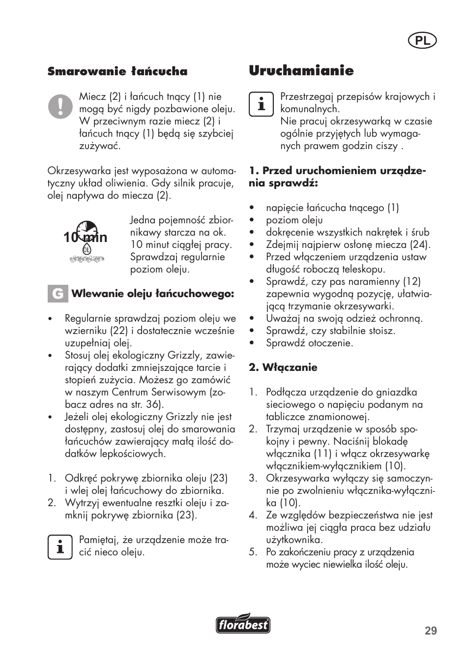 10 min, Uruchamianie | Florabest FHE 550 B2 User Manual | Page 29 / 108