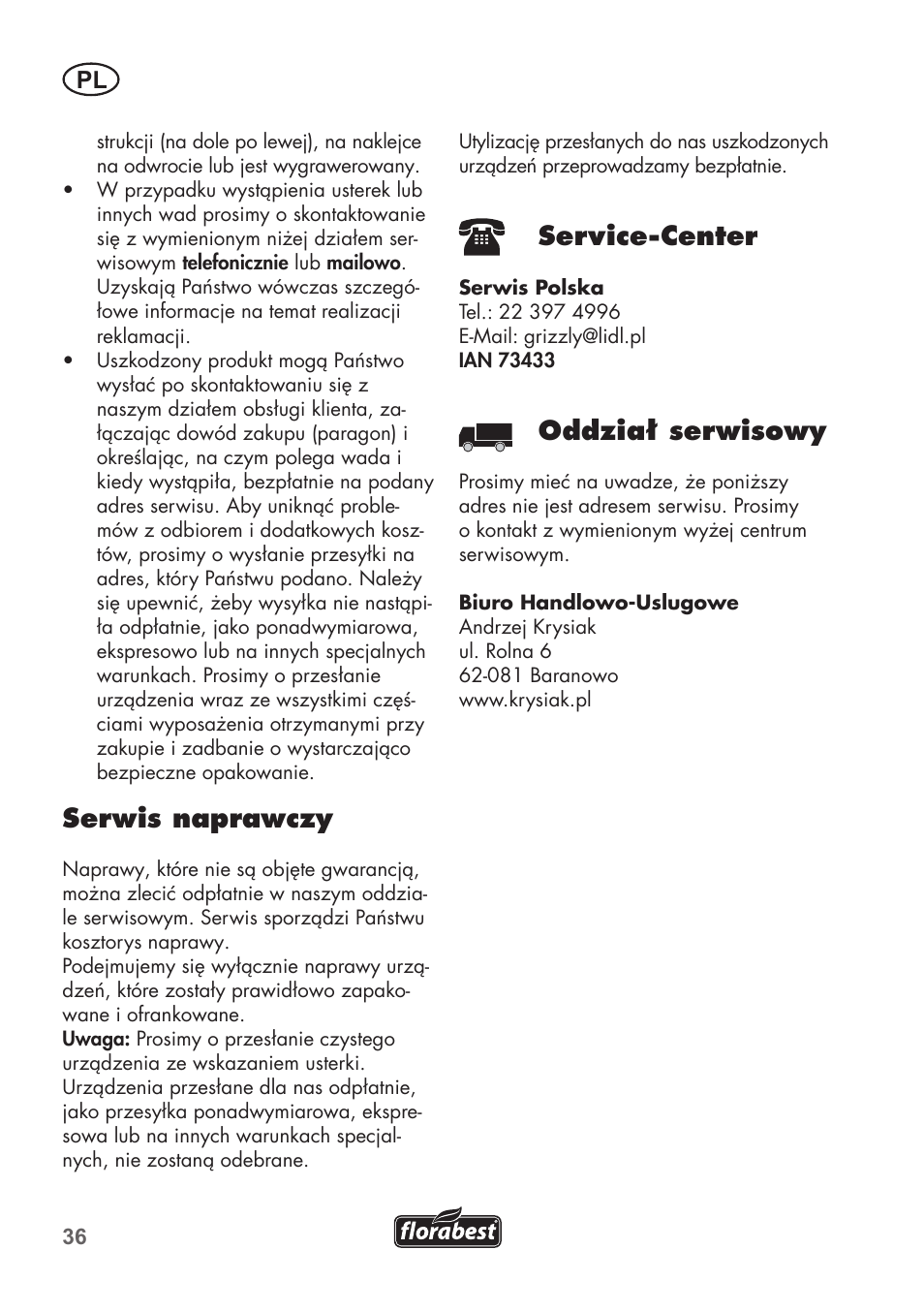 Serwis naprawczy, Service-center, Oddział serwisowy | Florabest FHE 550 B2 User Manual | Page 36 / 108