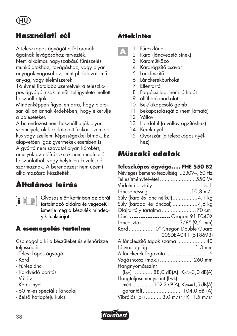 Használati cél, Általános leírás, Műszaki adatok | Florabest FHE 550 B2 User Manual | Page 38 / 108