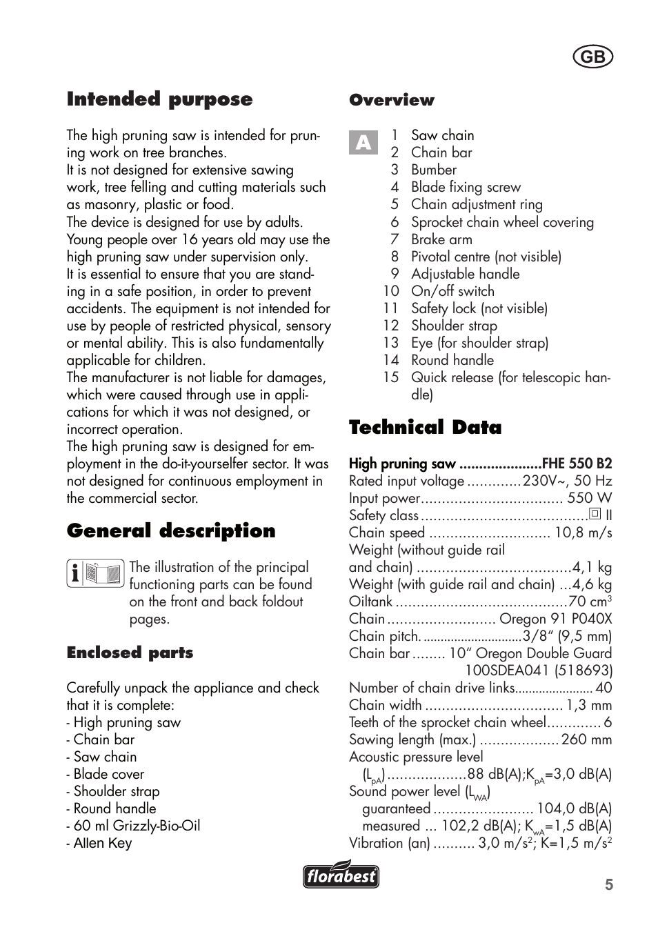 Intended purpose, General description, Technical data | Florabest FHE 550 B2 User Manual | Page 5 / 108