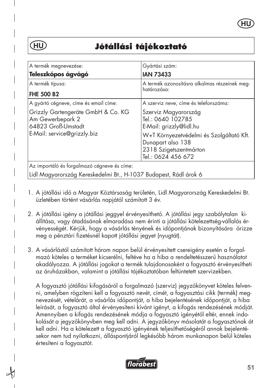 Jótállási tájékoztató | Florabest FHE 550 B2 User Manual | Page 51 / 108