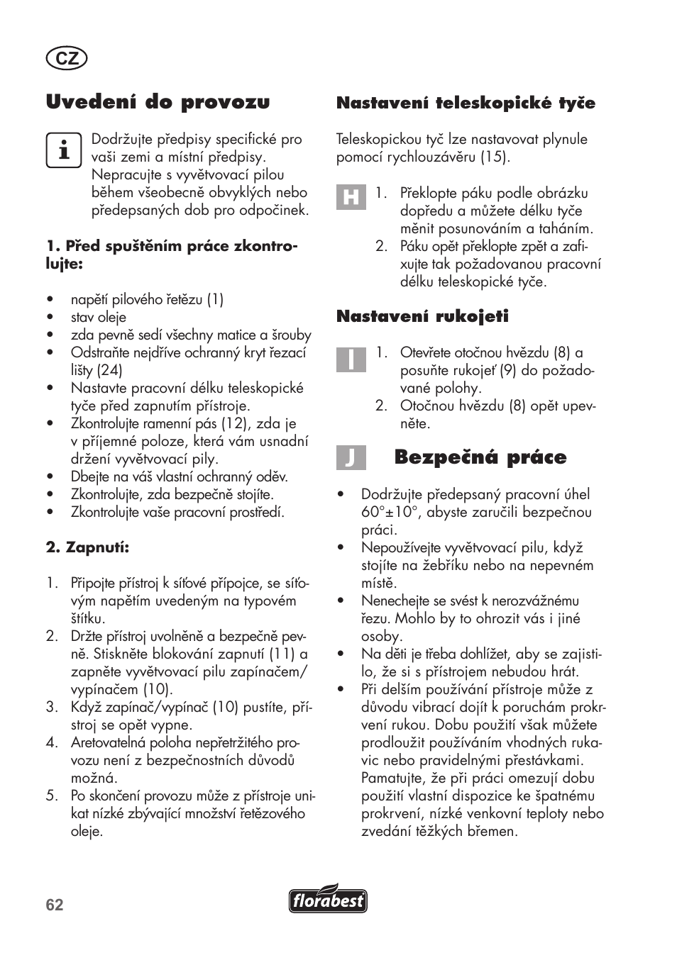 Uvedení do provozu, Bezpečná práce | Florabest FHE 550 B2 User Manual | Page 62 / 108