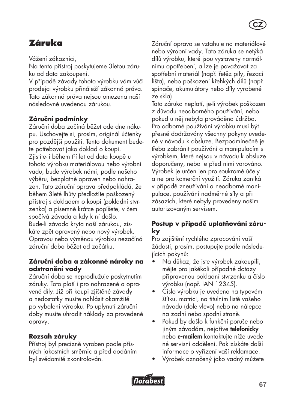 Záruka | Florabest FHE 550 B2 User Manual | Page 67 / 108