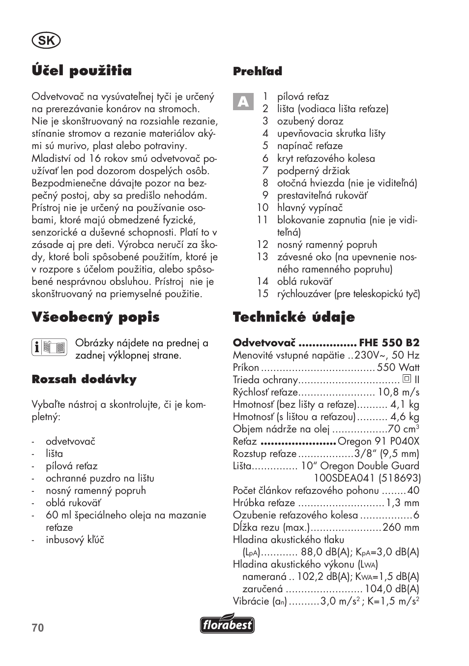 Účel použitia, Všeobecný popis, Technické údaje | Florabest FHE 550 B2 User Manual | Page 70 / 108