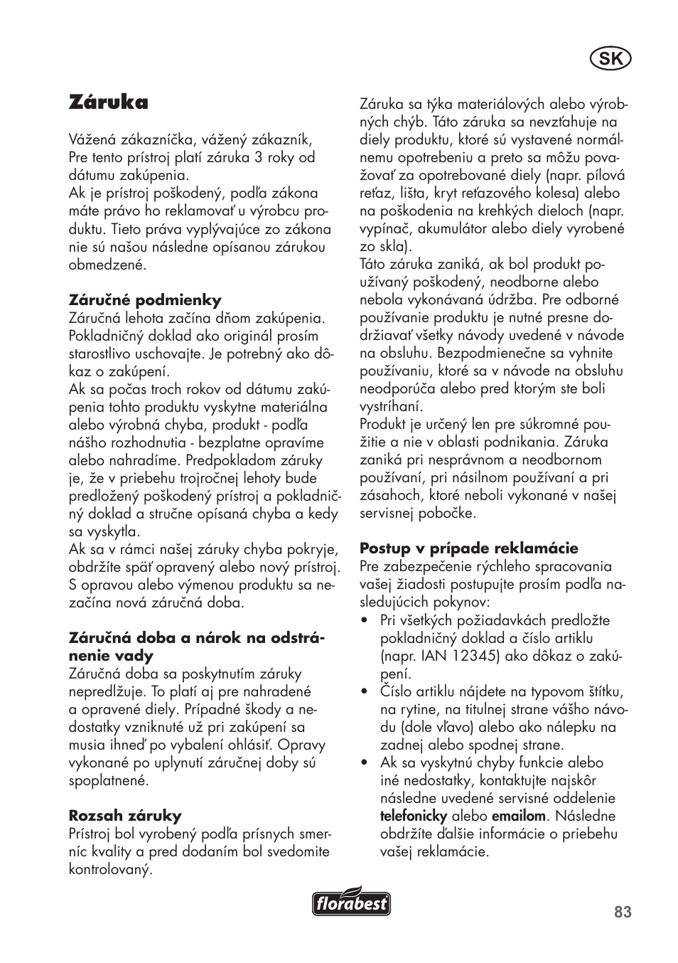 Záruka | Florabest FHE 550 B2 User Manual | Page 83 / 108