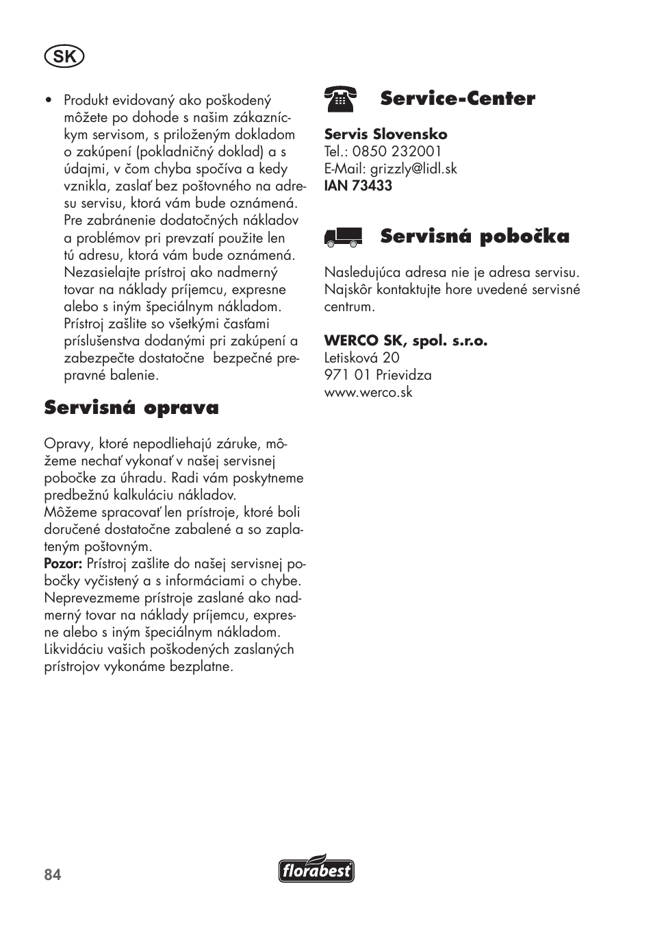 Servisná oprava, Service-center, Servisná pobočka | Florabest FHE 550 B2 User Manual | Page 84 / 108