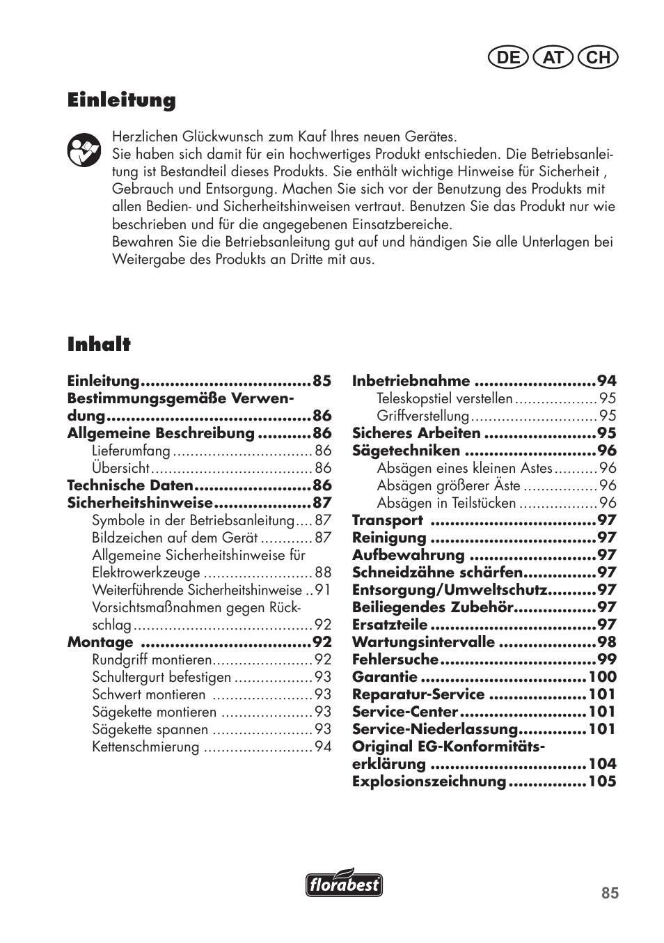 Inhalt, Einleitung, De at ch | Florabest FHE 550 B2 User Manual | Page 85 / 108