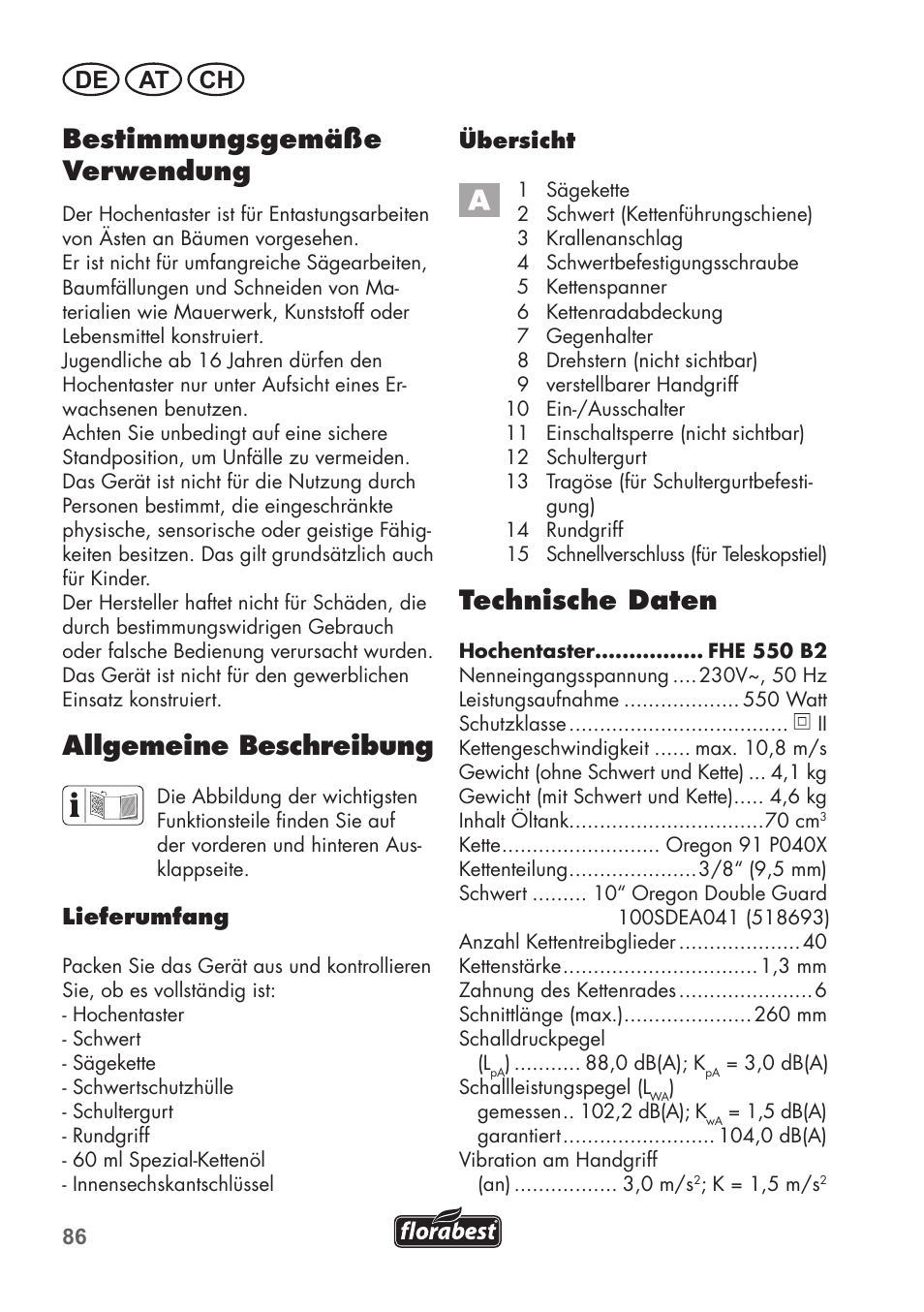 Bestimmungsgemäße verwendung, Allgemeine beschreibung, Technische daten | De at ch | Florabest FHE 550 B2 User Manual | Page 86 / 108