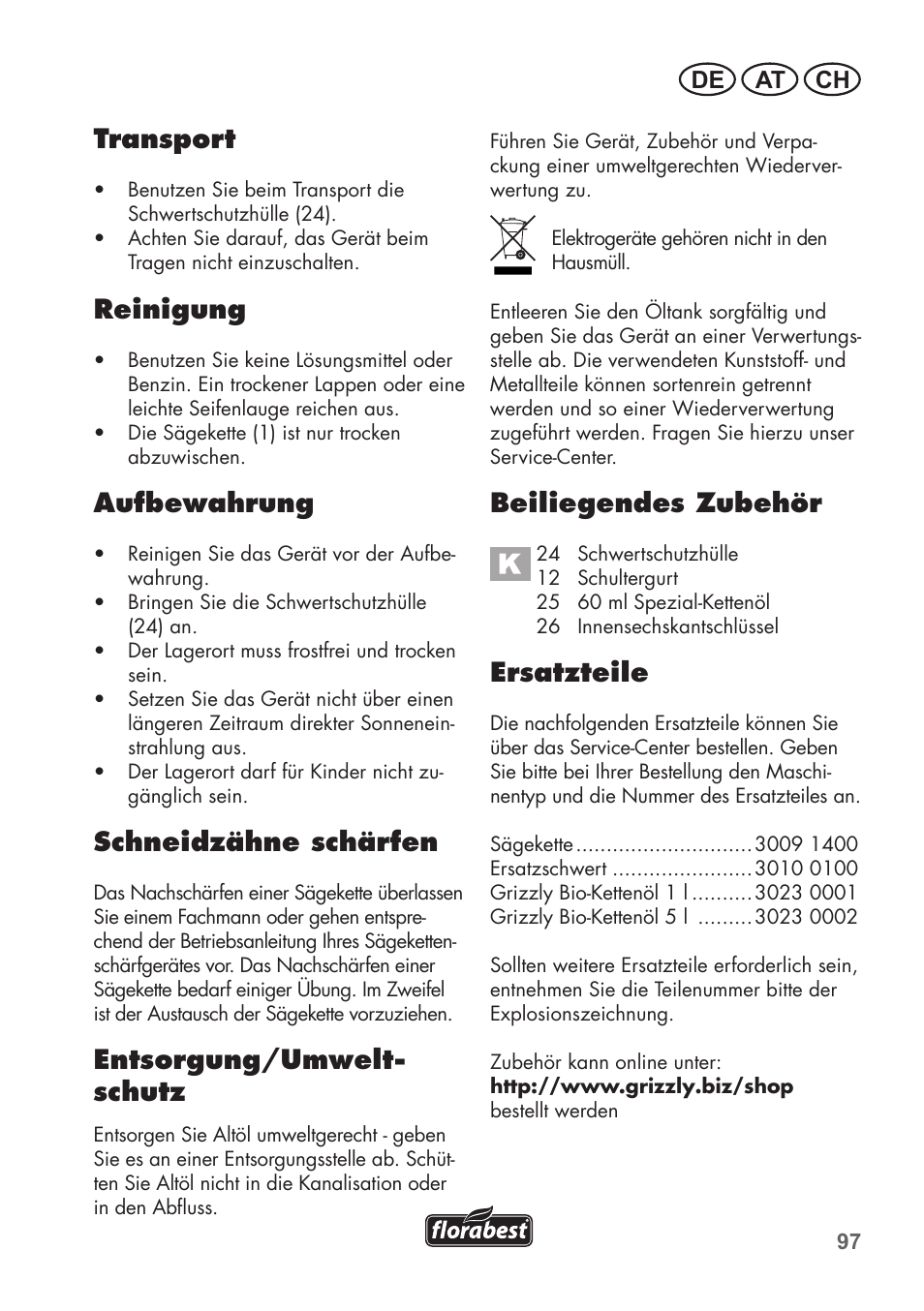 Transport, Reinigung, Aufbewahrung | Schneidzähne schärfen, Entsorgung/umwelt- schutz, Beiliegendes zubehör, Ersatzteile, De at ch | Florabest FHE 550 B2 User Manual | Page 97 / 108