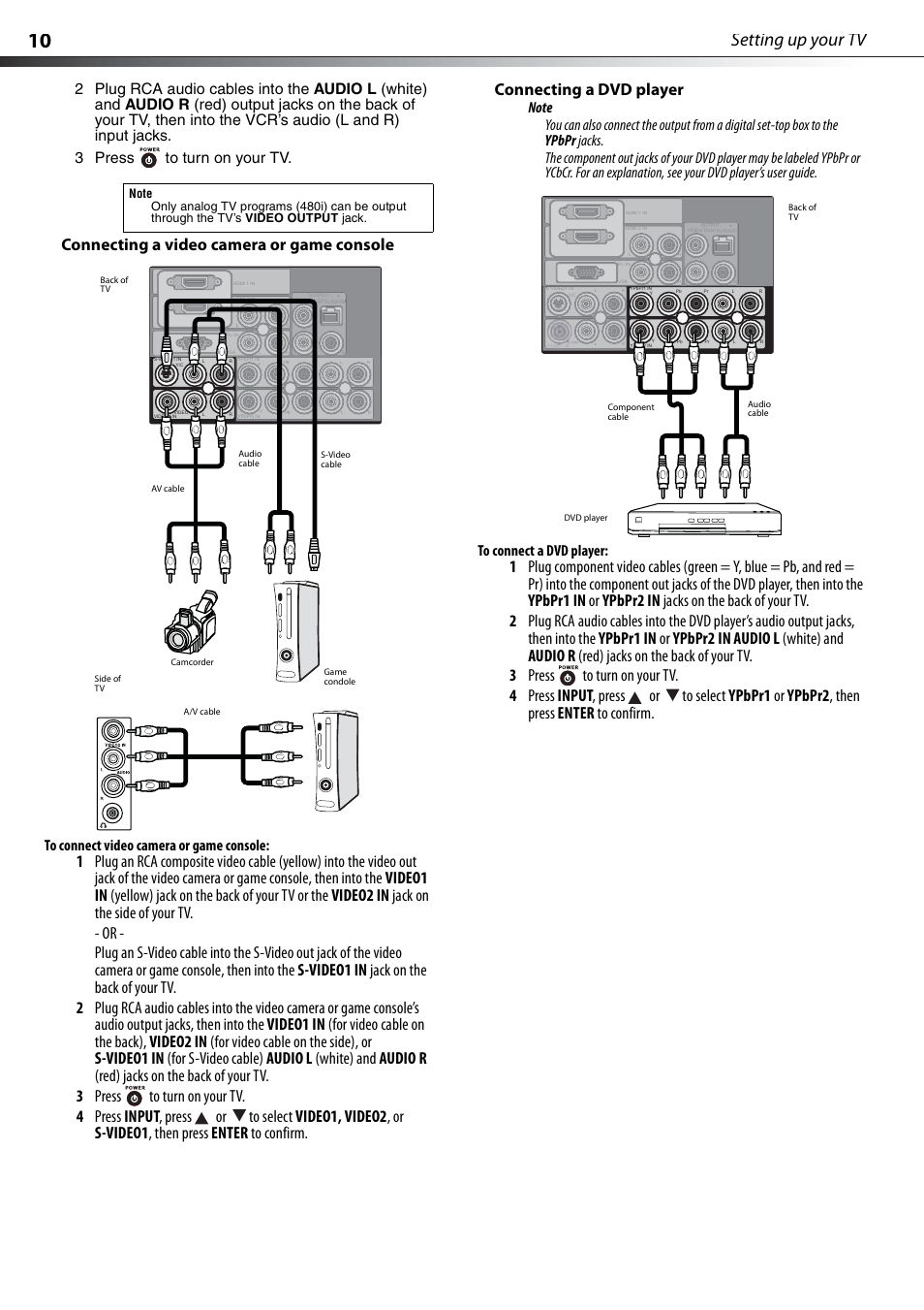 Connecting a video camera or game console, Connecting a dvd player, Setting up your tv | Dynex DX-PDP42-09 User Manual | Page 10 / 28