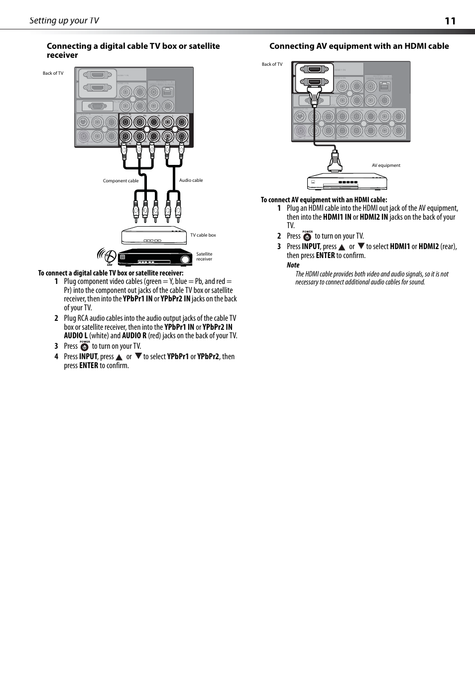 Connecting av equipment with an hdmi cable, Setting up your tv | Dynex DX-PDP42-09 User Manual | Page 11 / 28