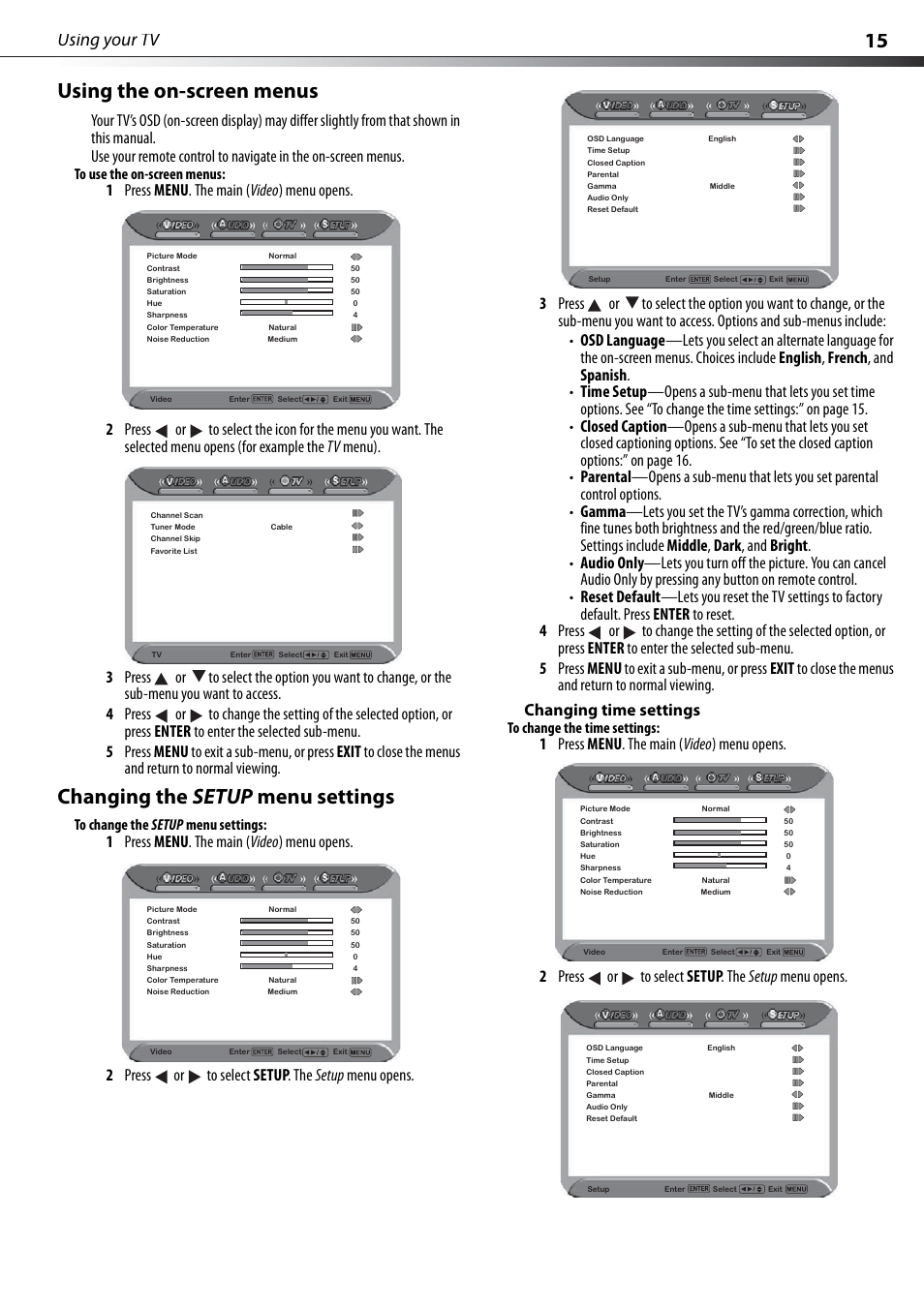 Using the on-screen menus, Changing the setup menu settings, Changing time settings | 15 using the on-screen menus, Using your tv | Dynex DX-PDP42-09 User Manual | Page 15 / 28