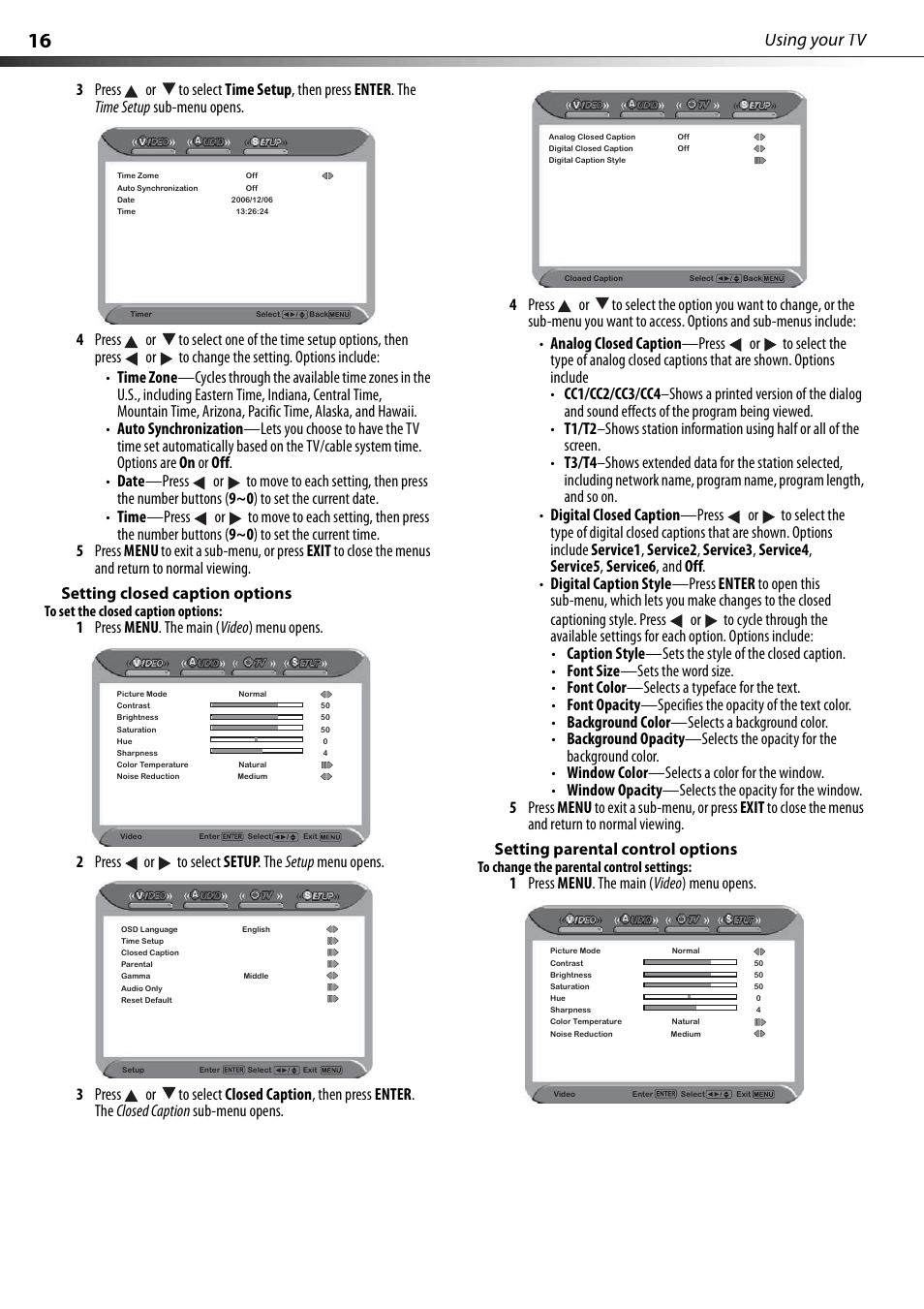 Setting closed caption options, Setting parental control options, Using your tv | 1 press menu . the main ( video ) menu opens | Dynex DX-PDP42-09 User Manual | Page 16 / 28