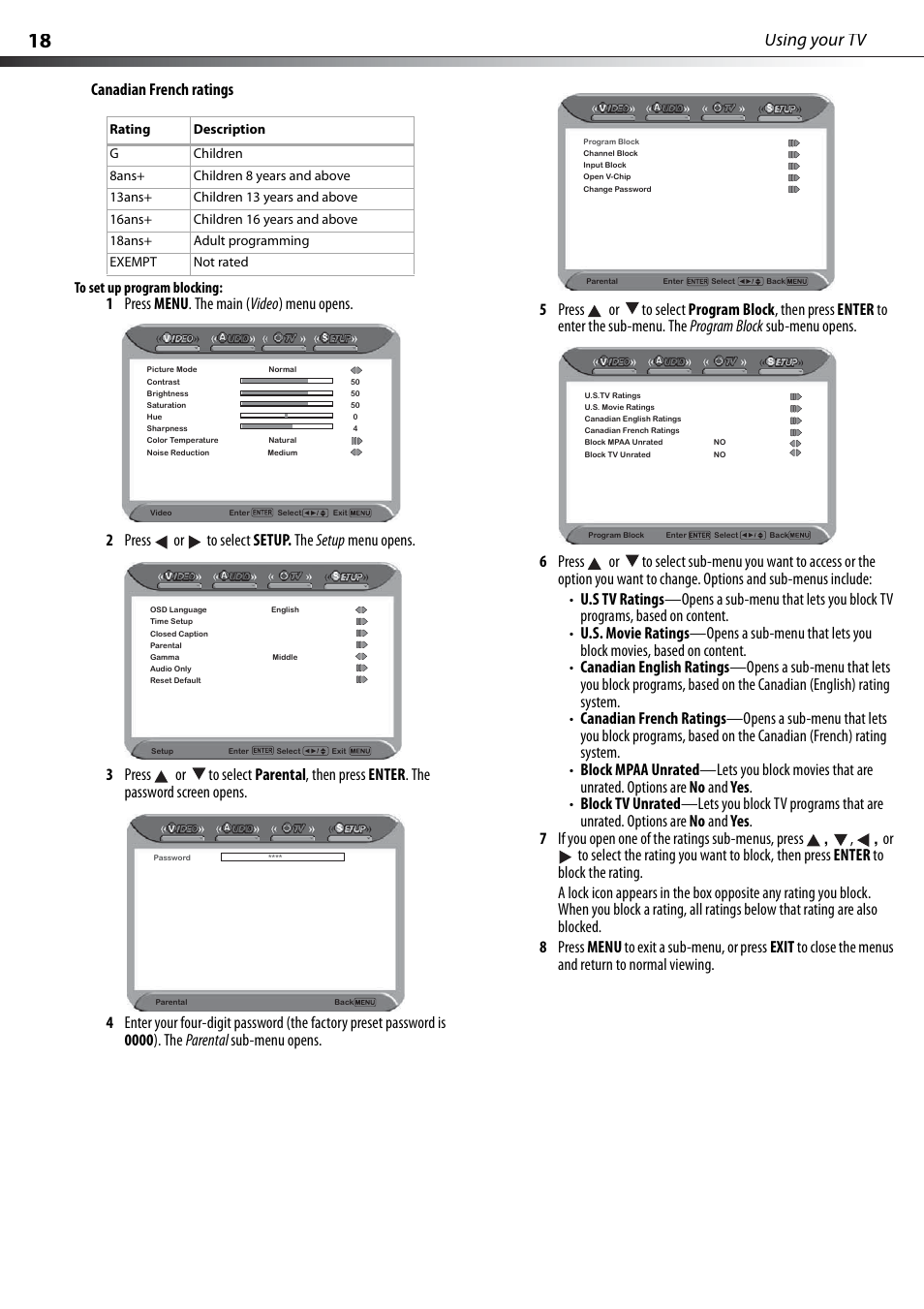 Using your tv, Canadian french ratings | Dynex DX-PDP42-09 User Manual | Page 18 / 28