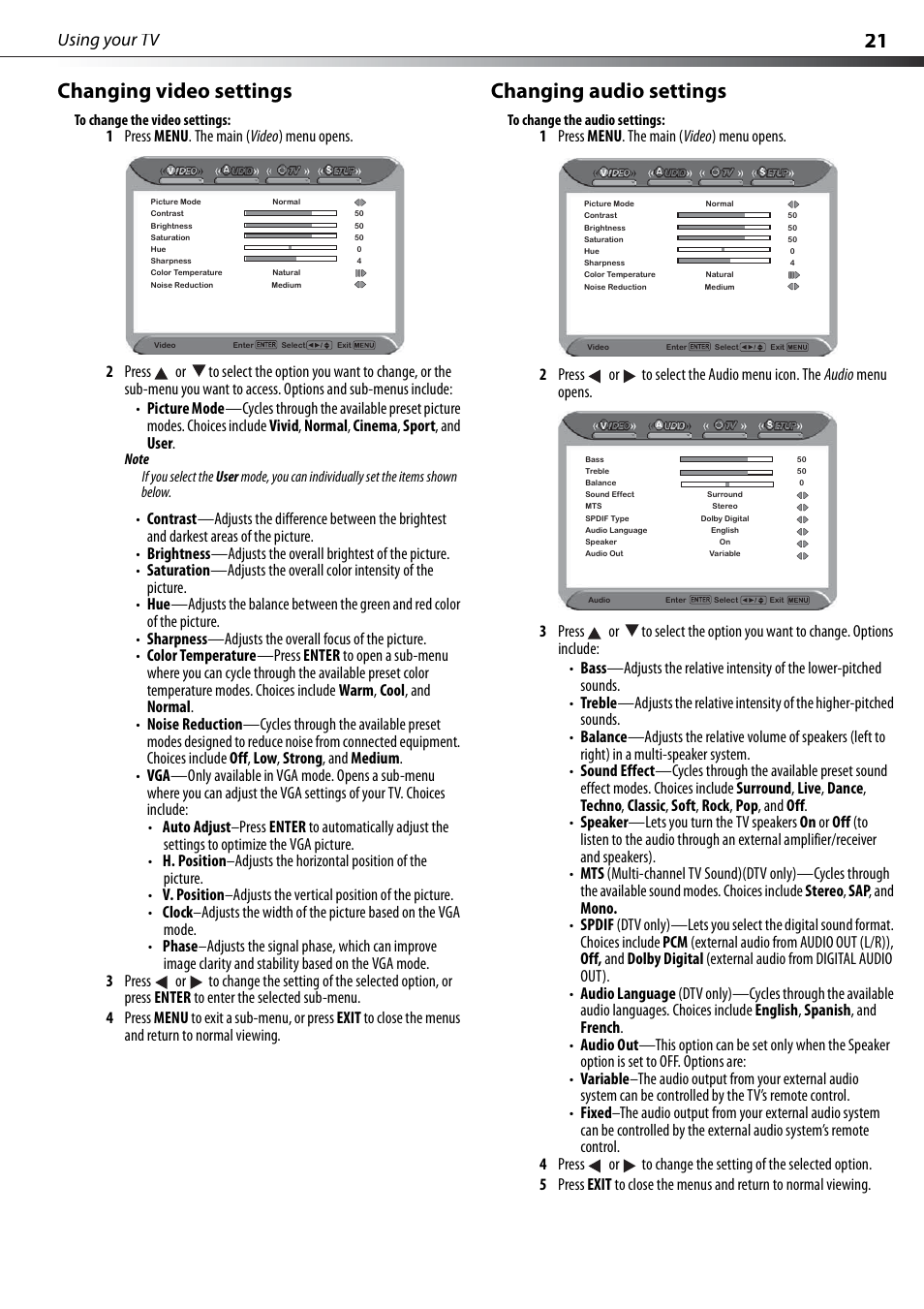 Changing video settings, Changing audio settings, Changing video settings changing audio settings | 21 changing video settings, Using your tv | Dynex DX-PDP42-09 User Manual | Page 21 / 28