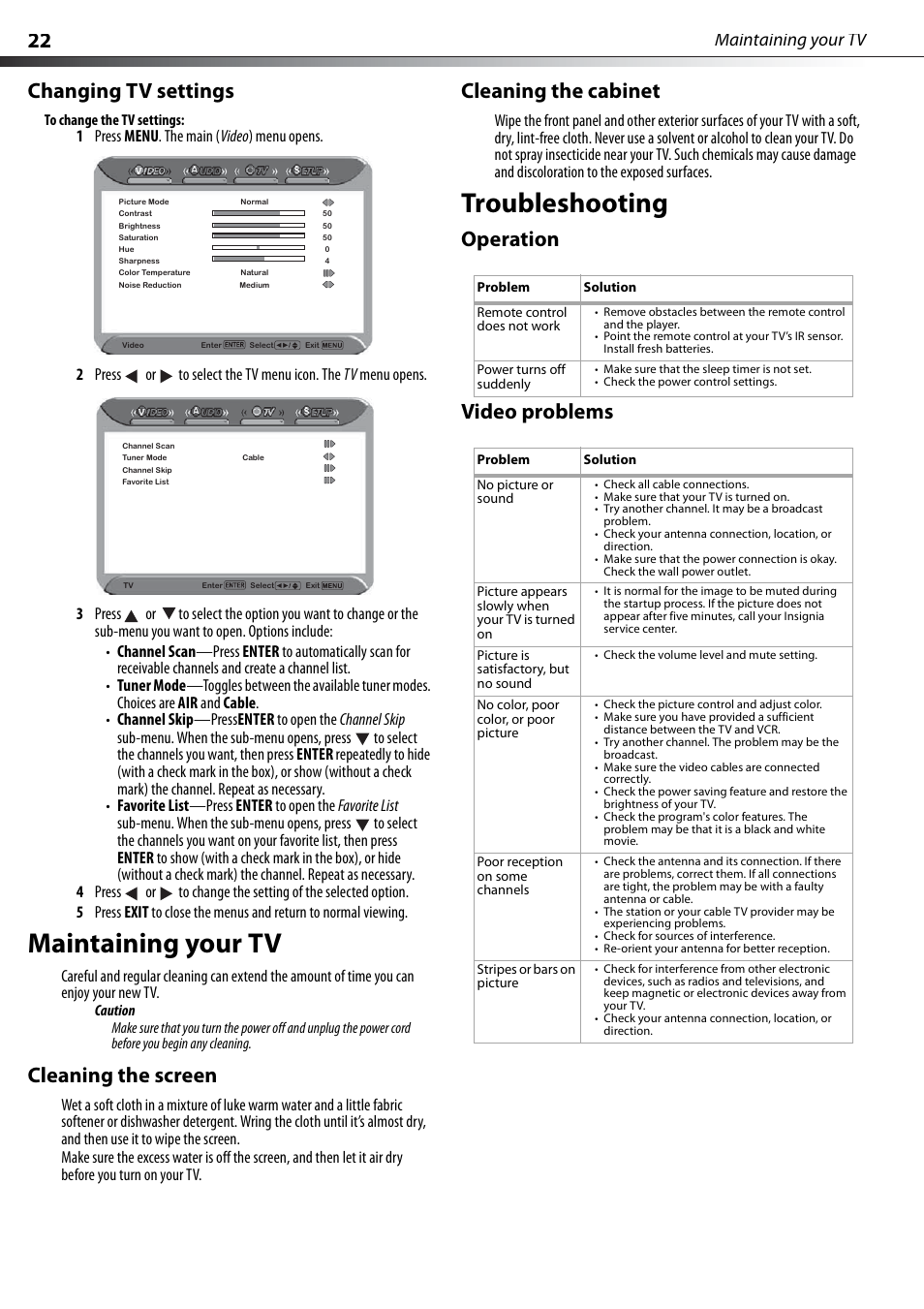 Changing tv settings, Maintaining your tv, Cleaning the screen | Cleaning the cabinet, Troubleshooting, Operation, Video problems, Cleaning the screen cleaning the cabinet, Operation video problems | Dynex DX-PDP42-09 User Manual | Page 22 / 28