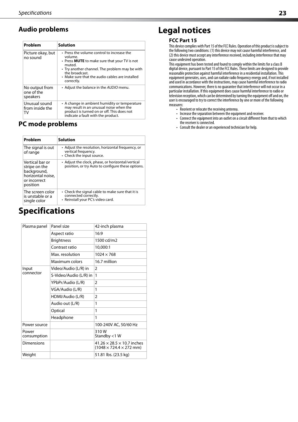Audio problems, Pc mode problems, Specifications | Legal notices, Fcc part 15, Audio problems pc mode problems, Specifications legal notices, 23 audio problems pc mode problems | Dynex DX-PDP42-09 User Manual | Page 23 / 28
