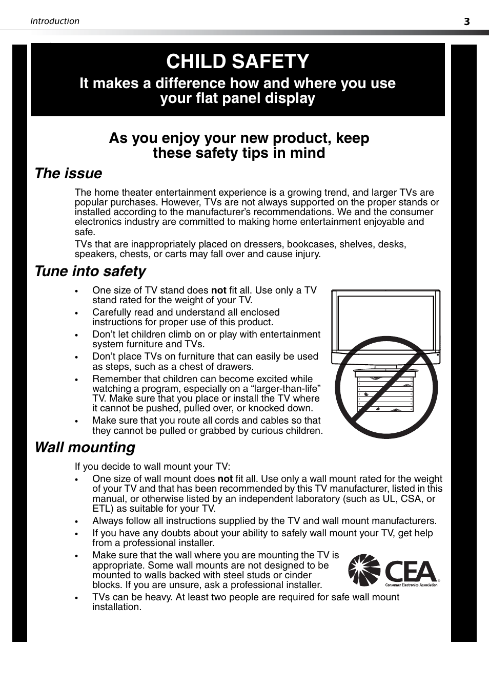 Child safety, The issue, Tune into safety | Wall mounting | Dynex DX-PDP42-09 User Manual | Page 3 / 28