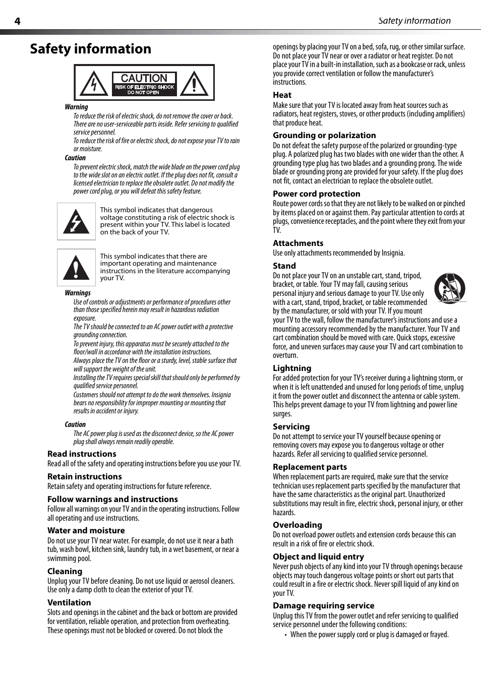 Safety information, Read instructions, Retain instructions | Follow warnings and instructions, Water and moisture, Cleaning, Ventilation, Heat, Grounding or polarization, Power cord protection | Dynex DX-PDP42-09 User Manual | Page 4 / 28