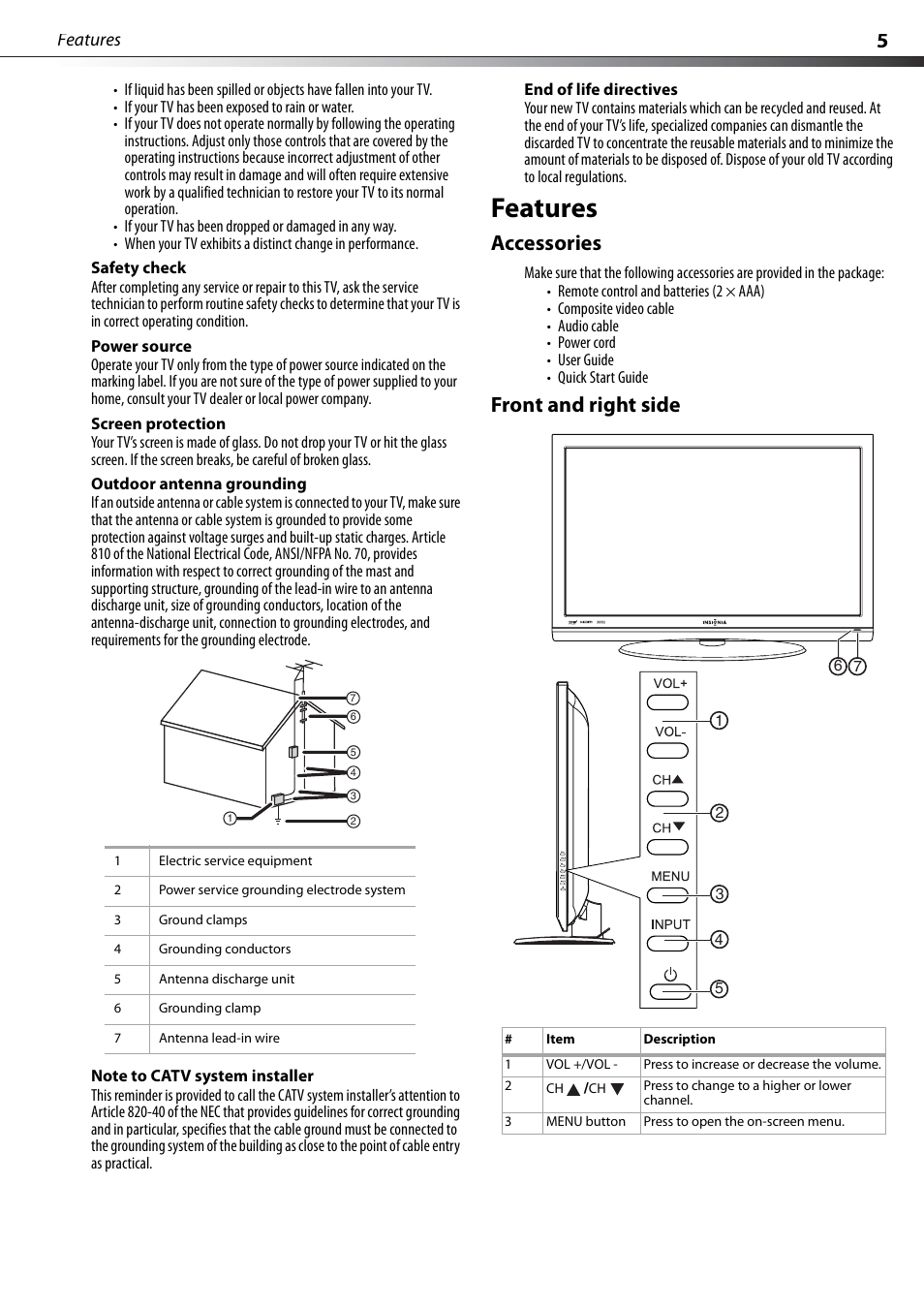 Safety check, Power source, Screen protection | Outdoor antenna grounding, Note to catv system installer, End of life directives, Features, Accessories, Front and right side, Accessories front and right side | Dynex DX-PDP42-09 User Manual | Page 5 / 28