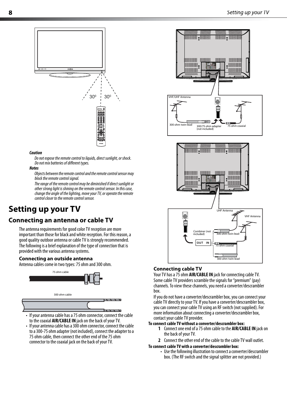 Setting up your tv, Connecting an antenna or cable tv, Connecting an outside antenna | Connecting cable tv | Dynex DX-PDP42-09 User Manual | Page 8 / 28