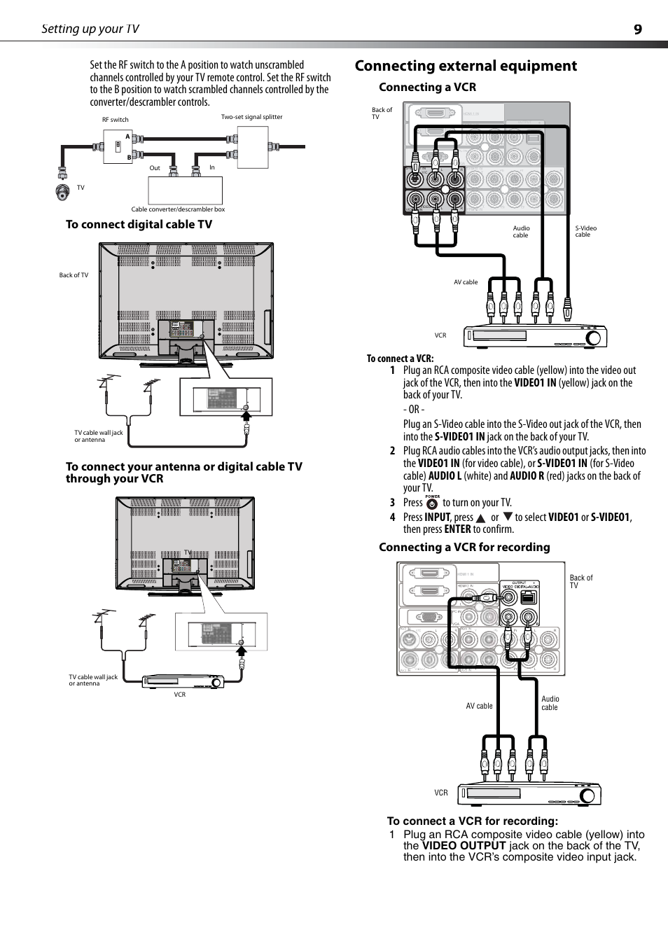 To connect digital cable tv, Connecting external equipment, Connecting a vcr | Connecting a vcr for recording, Setting up your tv, Back of tv vcr audio cable av cable | Dynex DX-PDP42-09 User Manual | Page 9 / 28