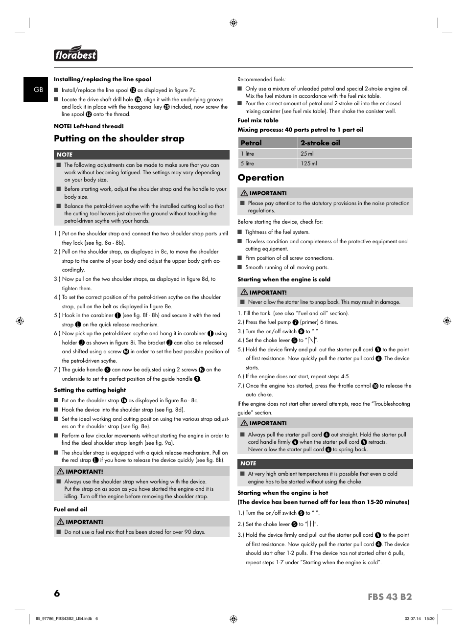 6fbs 43 b2, Putting on the shoulder strap, Operation | Florabest FBS 43 B2 User Manual | Page 11 / 76