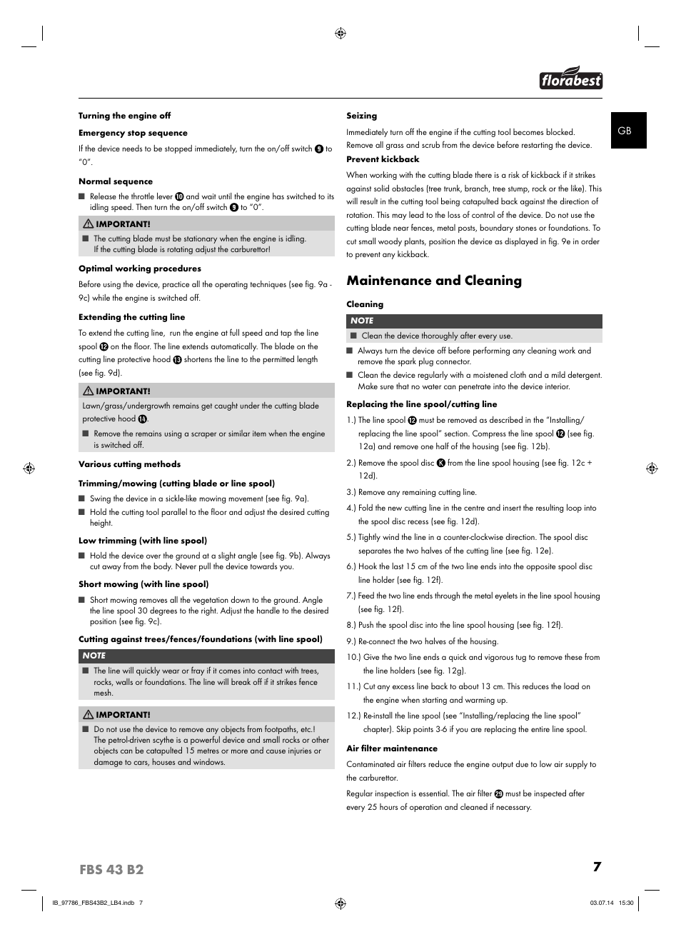 7fbs 43 b2, Maintenance and cleaning | Florabest FBS 43 B2 User Manual | Page 12 / 76